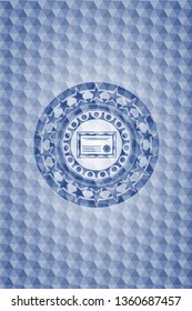 certificate icon inside blue emblem or badge with abstract geometric pattern background.