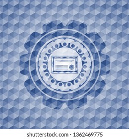certificate icon inside blue emblem or badge with geometric pattern background.