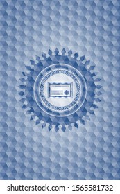 certificate icon inside blue emblem or badge with abstract geometric polygonal pattern background.