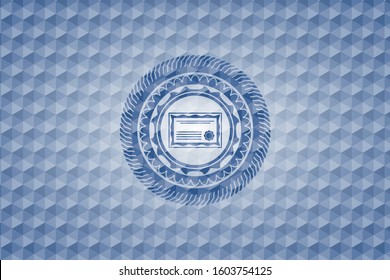 certificate icon inside blue emblem or badge with abstract geometric polygonal pattern background.