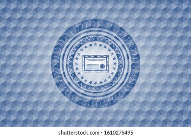 certificate icon inside blue emblem with geometric background.