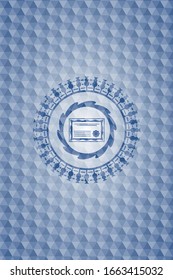 certificate icon inside blue emblem or badge with abstract geometric pattern background.