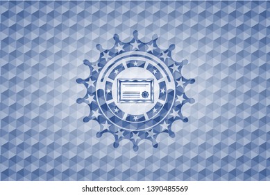certificate icon inside blue polygonal emblem.