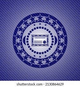 certificate icon inside denim background. 