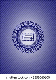 certificate icon inside emblem with denim high quality background