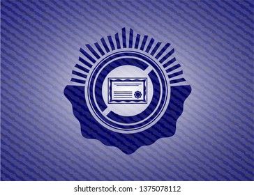 certificate icon inside emblem with denim high quality background