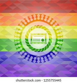 certificate icon inside emblem on mosaic background with the colors of the LGBT flag