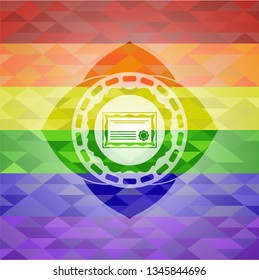 certificate icon inside emblem on mosaic background with the colors of the LGBT flag