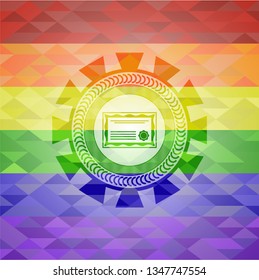 certificate icon inside emblem on mosaic background with the colors of the LGBT flag