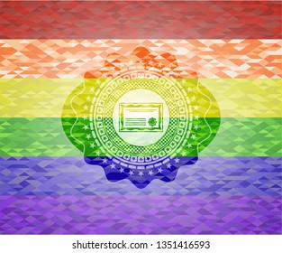 certificate icon inside emblem on mosaic background with the colors of the LGBT flag