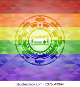 certificate icon inside emblem on mosaic background with the colors of the LGBT flag