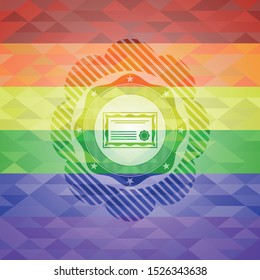 certificate icon inside emblem on mosaic background with the colors of the LGBT flag