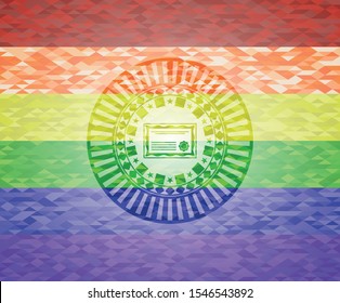 certificate icon inside emblem on mosaic background with the colors of the LGBT flag