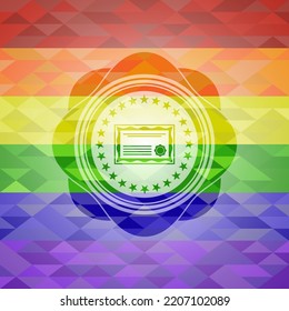 certificate icon inside emblem on mosaic background with the colors of the LGBT flag. 