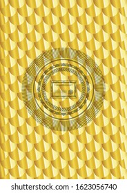 certificate icon inside gold emblem or badge. Scales pattern. Vector Illustration. Detailed.