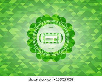 certificate icon inside green emblem with mosaic background