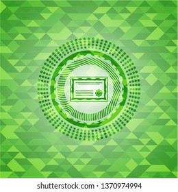 certificate icon inside green emblem with mosaic ecological style background