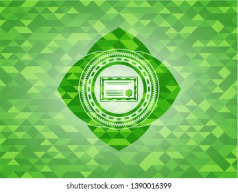 certificate icon inside green emblem with mosaic ecological style background