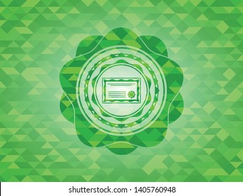 certificate icon inside green emblem. Mosaic background