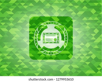 certificate icon inside green mosaic emblem