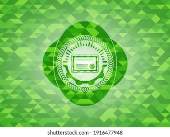 certificate icon inside green mosaic emblem. 