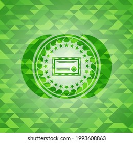 certificate icon inside green mosaic emblem. 