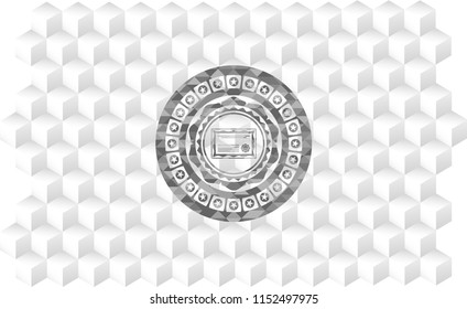 certificate icon inside grey emblem with geometric cube white background