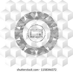 certificate icon inside grey emblem. Vintage with geometric cube white background