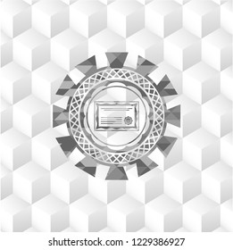 certificate icon inside grey emblem with cube white background