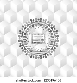 certificate icon inside grey icon or emblem with geometric cube white background