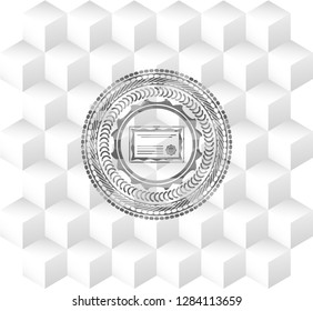 certificate icon inside grey emblem. Vintage with geometric cube white background