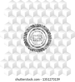 certificate icon inside grey emblem with geometric cube white background