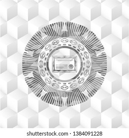 certificate icon inside grey emblem. Retro with geometric cube white background