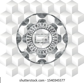 certificate icon inside grey emblem. Vintage with geometric cube white background