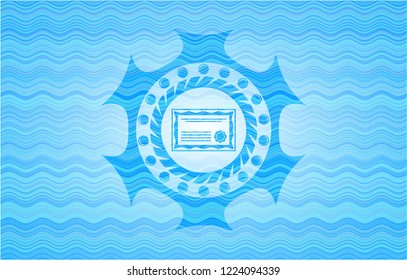 certificate icon inside light blue water wave emblem background.