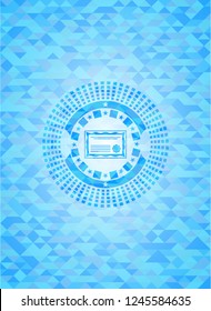 certificate icon inside light blue emblem. Mosaic background