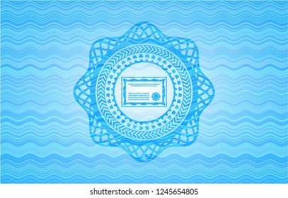 certificate icon inside light blue water badge.