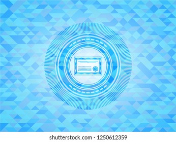 certificate icon inside light blue emblem. Mosaic background