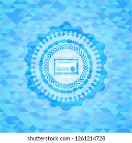 certificate icon inside light blue emblem with triangle mosaic background