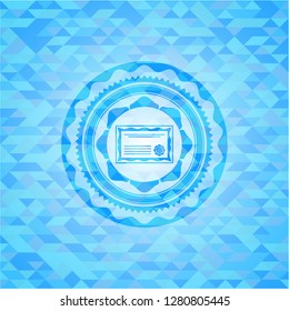 certificate icon inside light blue emblem with mosaic ecological style background
