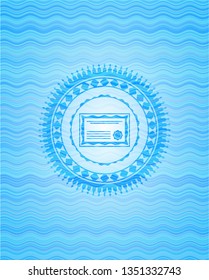 certificate icon inside light blue water wave emblem background.