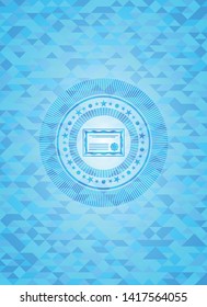 certificate icon inside light blue emblem. Mosaic background
