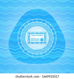 certificate icon inside light blue water badge background.