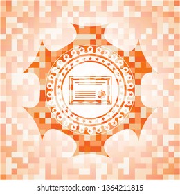 certificate icon inside orange tile background illustration. Square geometric mosaic seamless pattern with emblem inside.