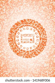 certificate icon inside orange tile background illustration. Square geometric mosaic seamless pattern with emblem inside.