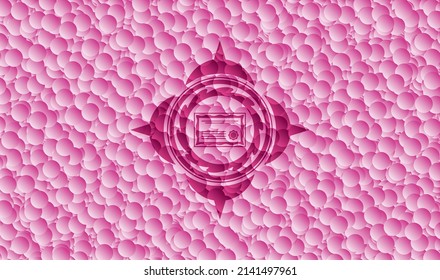icono de certificado dentro del emblema rosa con fondo de burbujas. Ilustración vectorial. Detallado. 