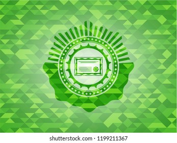 certificate icon inside realistic green emblem. Mosaic background