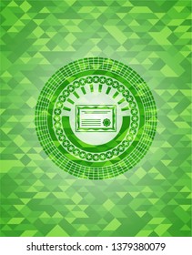 certificate icon inside realistic green emblem. Mosaic background