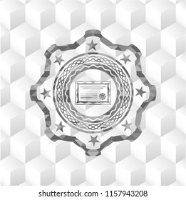 certificate icon inside realistic grey emblem with geometric cube white background