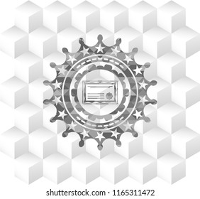 certificate icon inside realistic grey emblem with cube white background